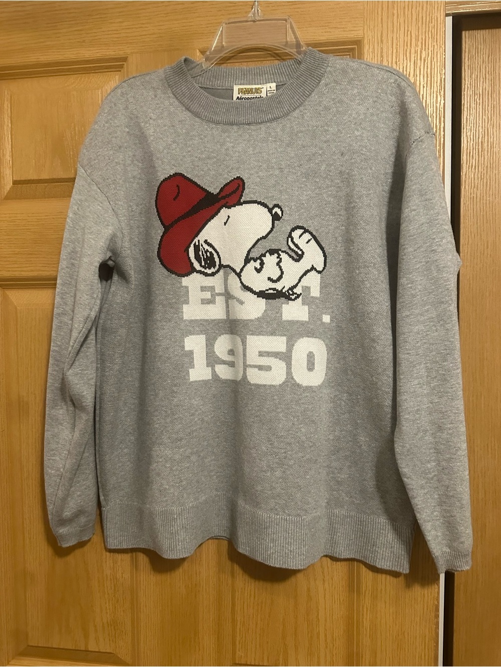 Aeropostale Gray Snoopy Crewneck Sweater with Red Hat